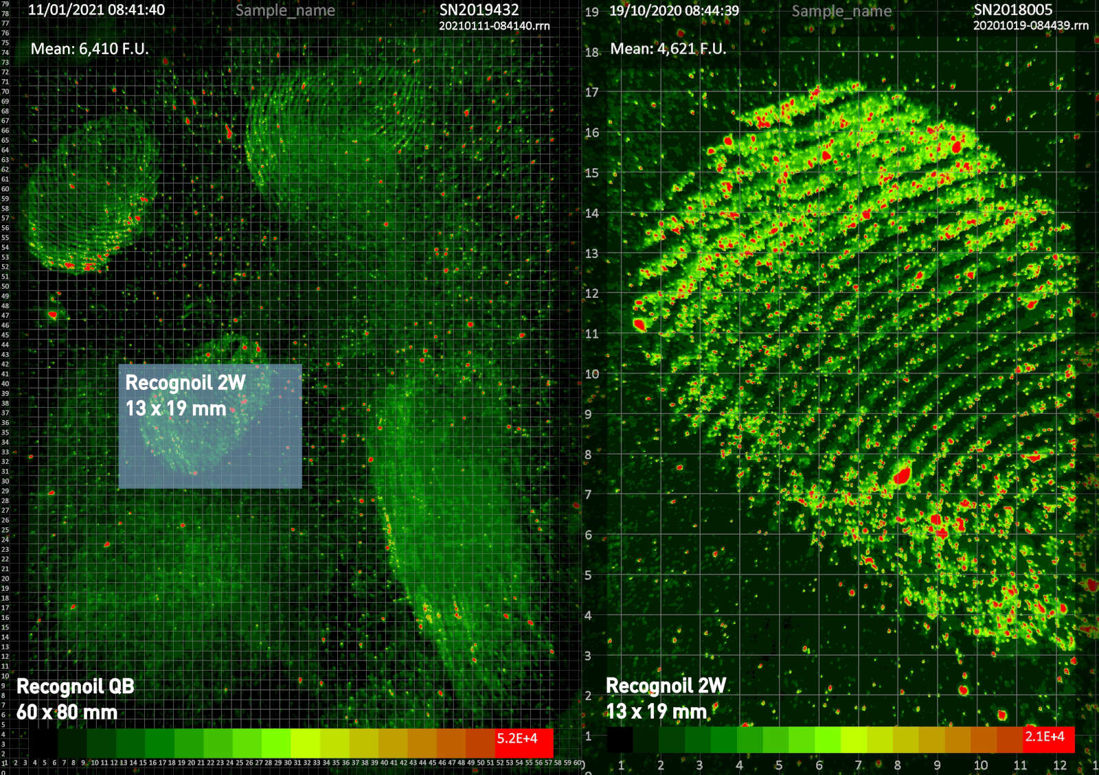 Main image output from Recognoil QB device - fluorescence map of the distribution of oil and grease contamination on the surface of the part